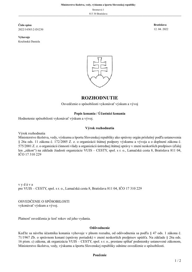 Osvedčenie o spôsobilosti vykonávať výskum a vývoj